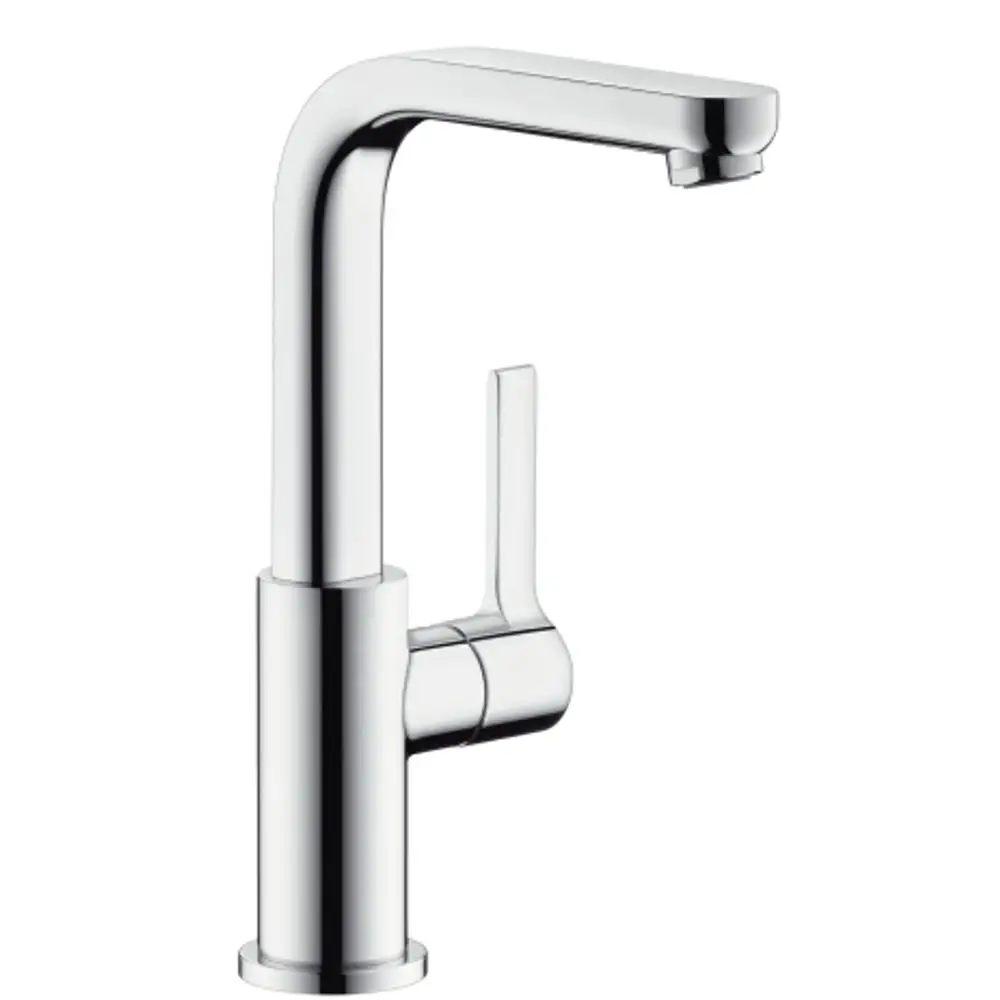 Hochglänzender Einhebel-Waschtischmischer aus Chrom mit Schwenkauslauf und Zugstangen-Ablaufgarnitur von Hansgrohe, geeignet für moderne Badezimmer.